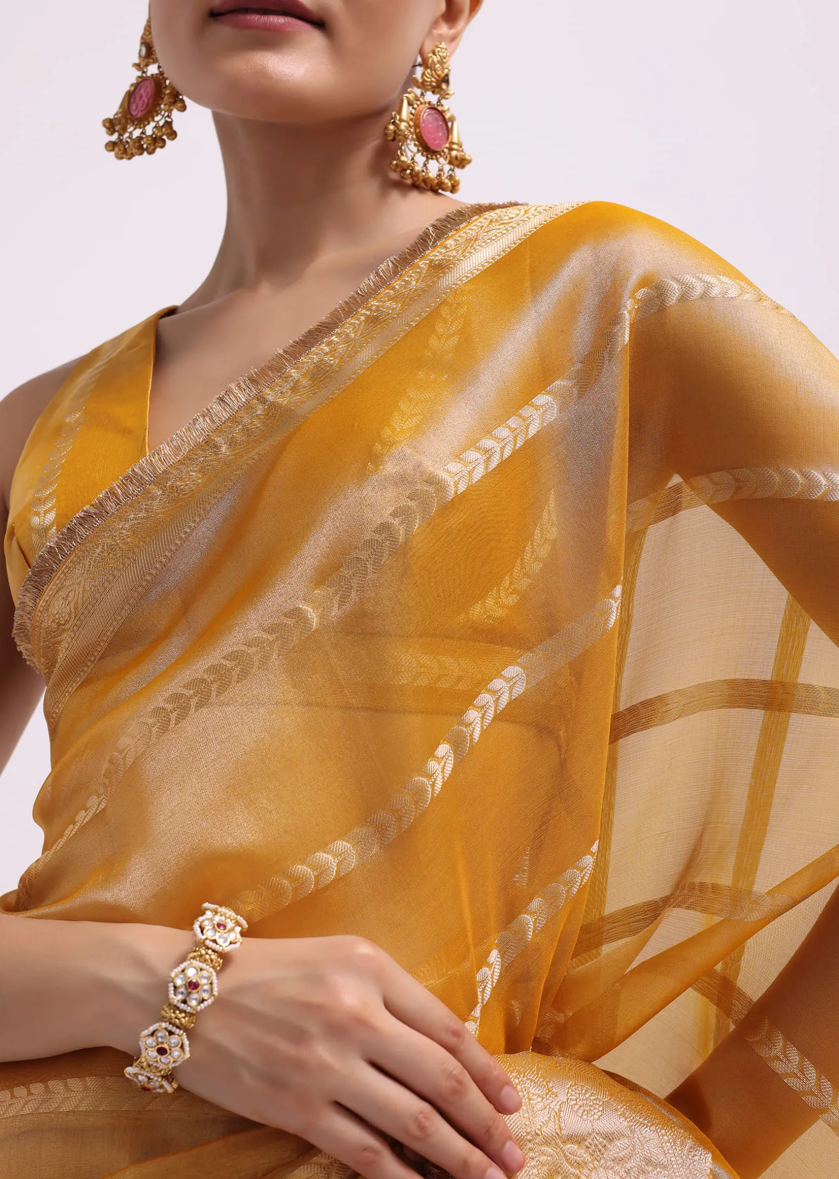 Mustard Yellow Zari Woven Chanderi Saree With Unstitched Blouse