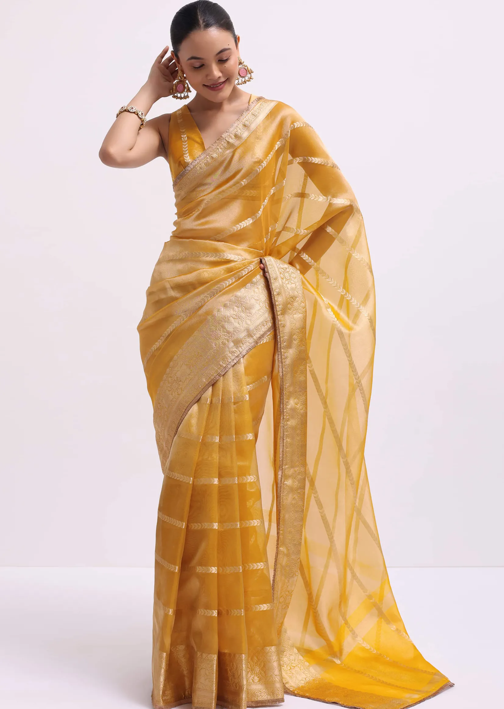 Mustard Yellow Zari Woven Chanderi Saree With Unstitched Blouse