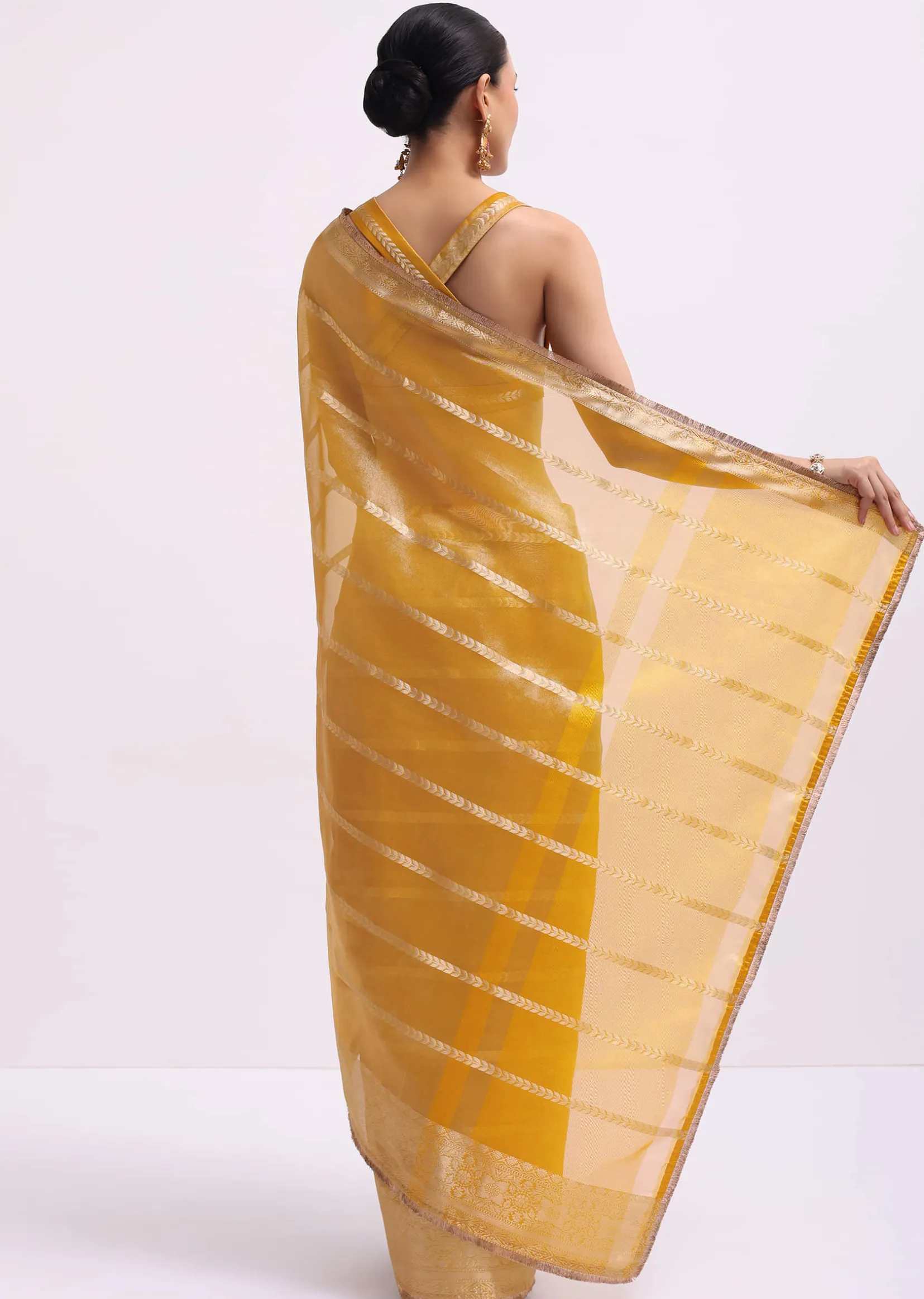 Mustard Yellow Zari Woven Chanderi Saree With Unstitched Blouse