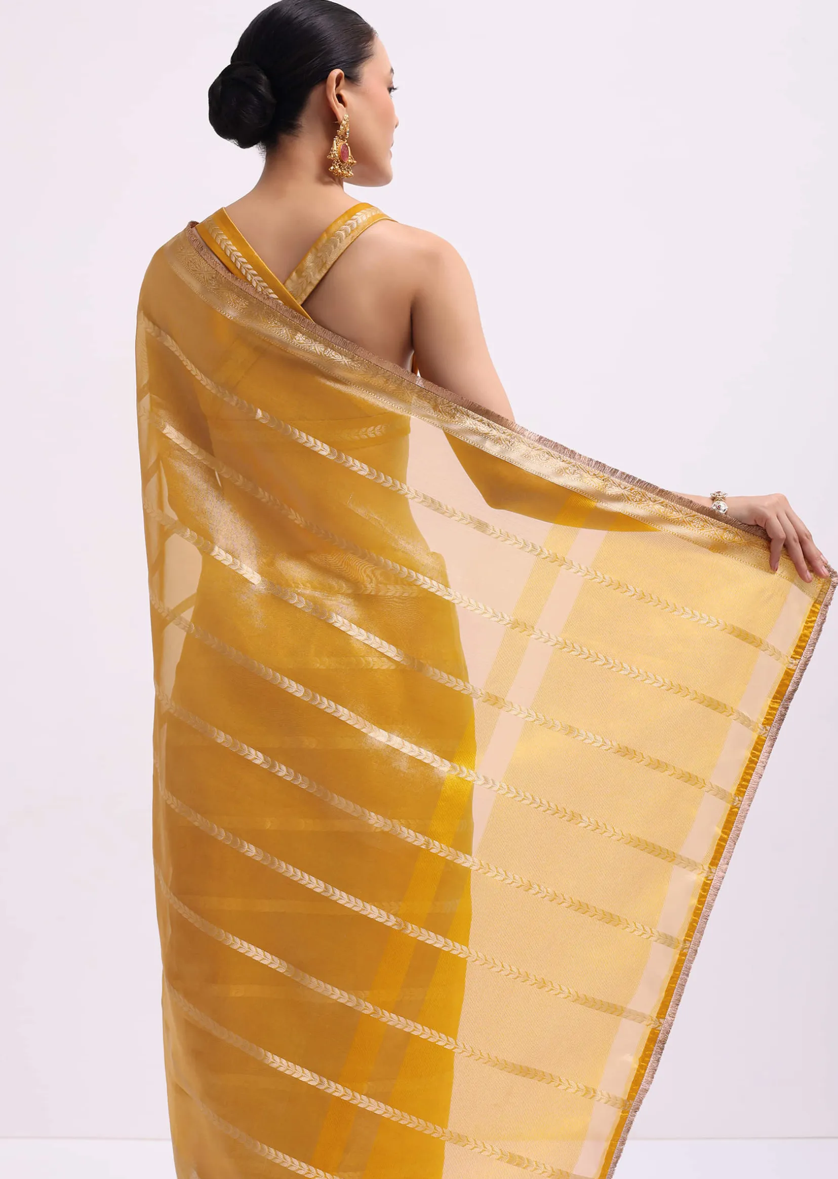 Mustard Yellow Zari Woven Chanderi Saree With Unstitched Blouse