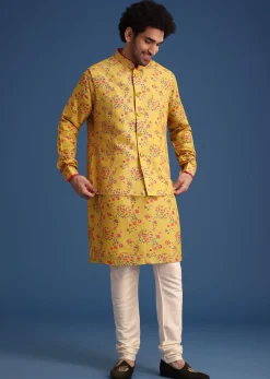 Musturd Thread Work Kurta Jacket Set