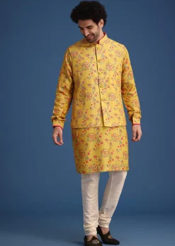 Musturd Thread Work Kurta Jacket Set