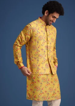 Musturd Thread Work Kurta Jacket Set
