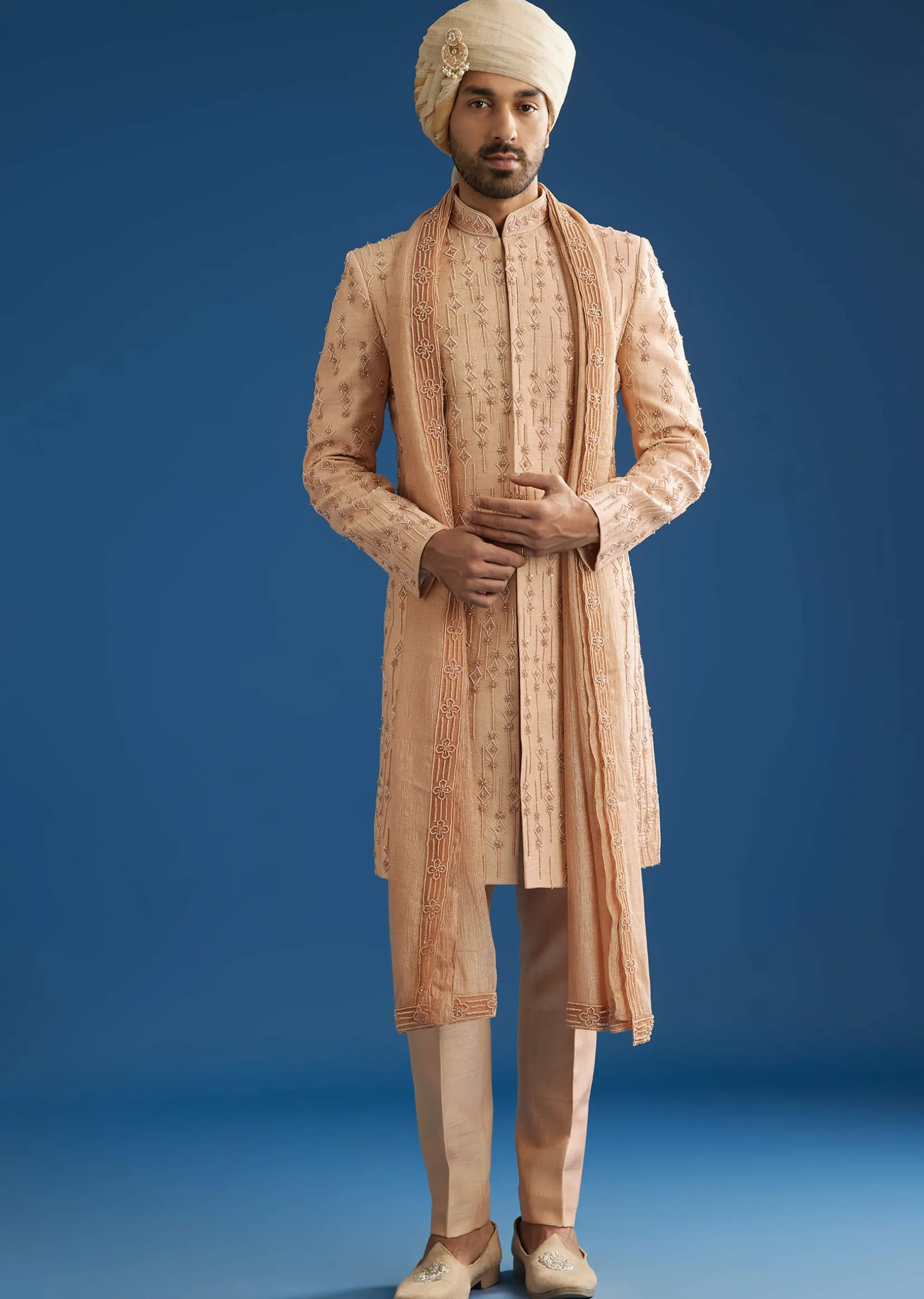 Natural Beige Tissue Sherwani Dupatta Set With Cutdana And Crystal Work