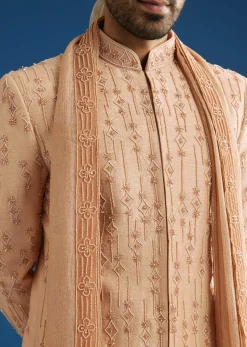 Natural Beige Tissue Sherwani Dupatta Set With Cutdana And Crystal Work