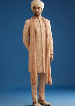 Natural Beige Tissue Sherwani Dupatta Set With Cutdana And Crystal Work