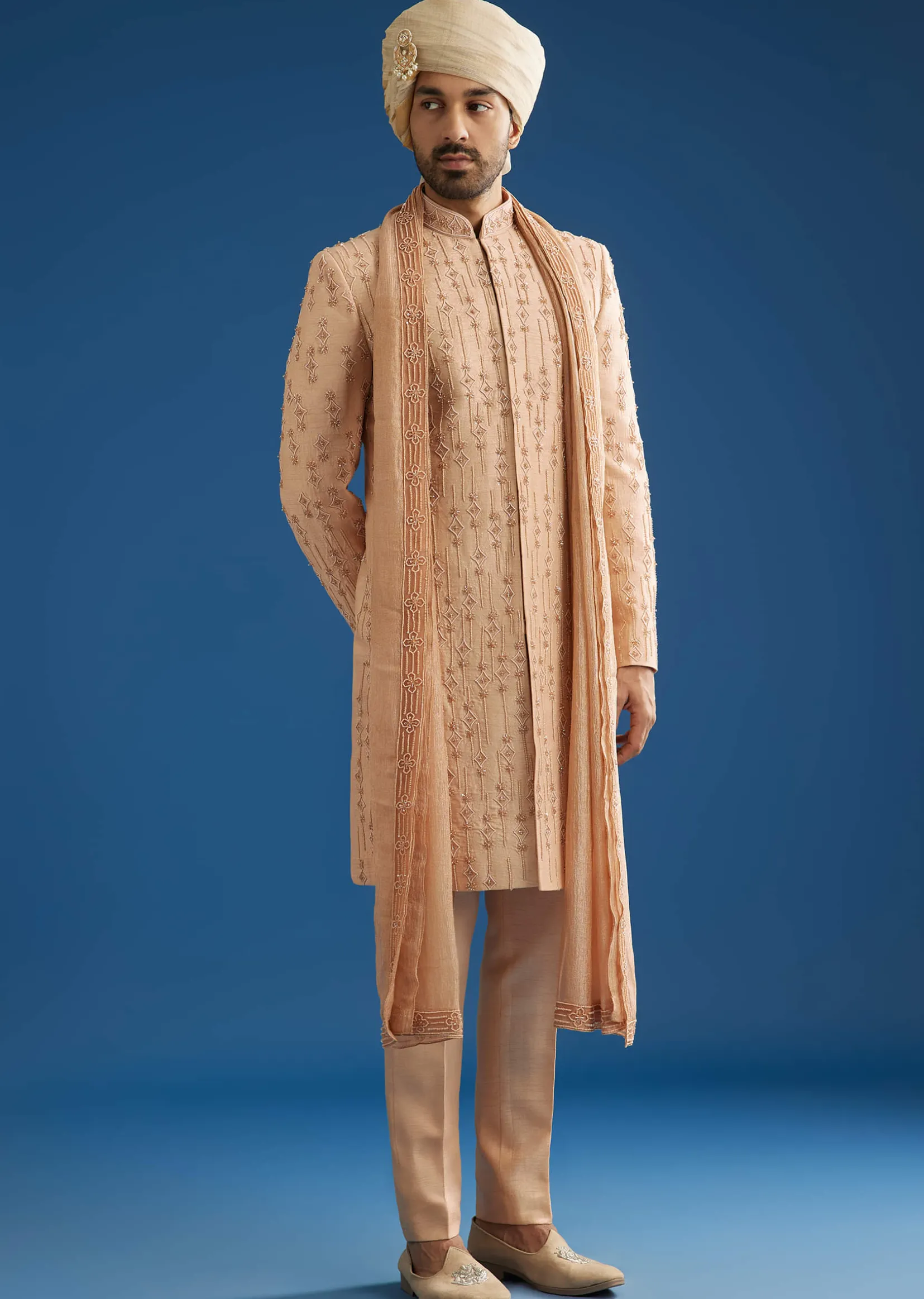 Natural Beige Tissue Sherwani Dupatta Set With Cutdana And Crystal Work