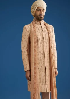 Natural Beige Tissue Sherwani Dupatta Set With Cutdana And Crystal Work