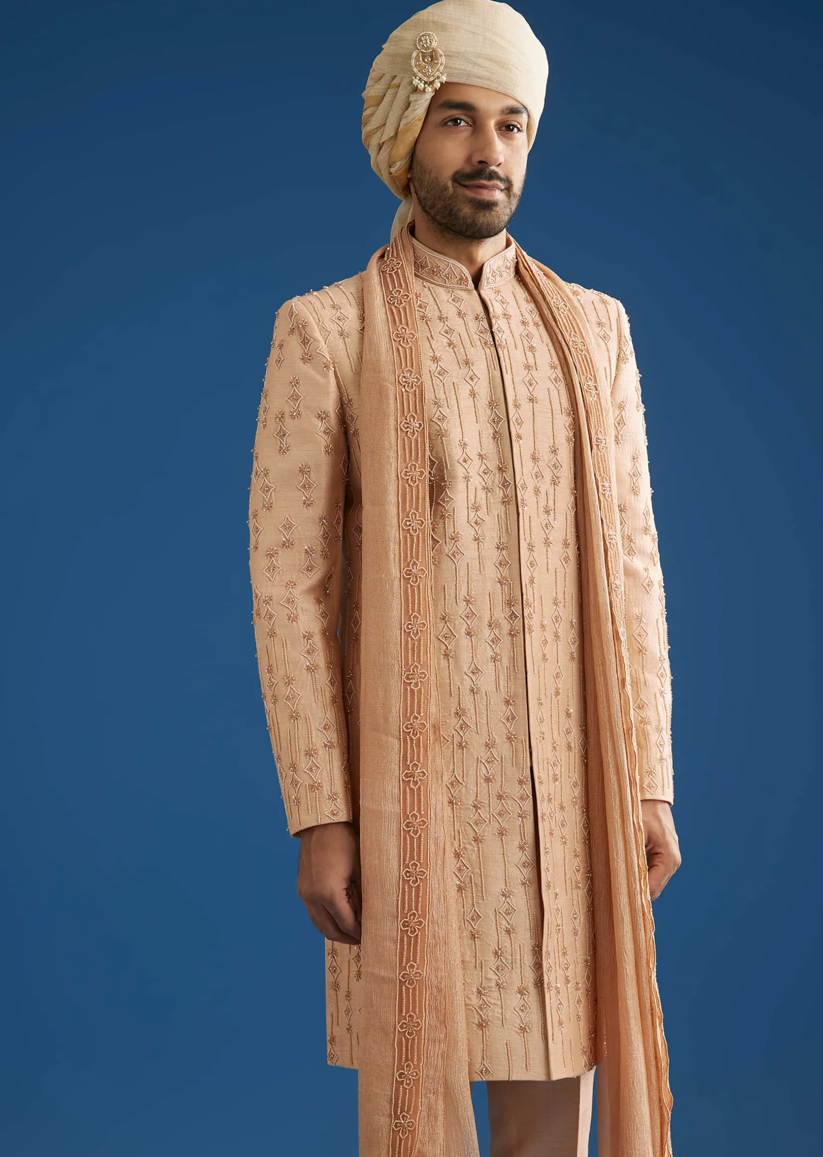 Natural Beige Tissue Sherwani Dupatta Set With Cutdana And Crystal Work