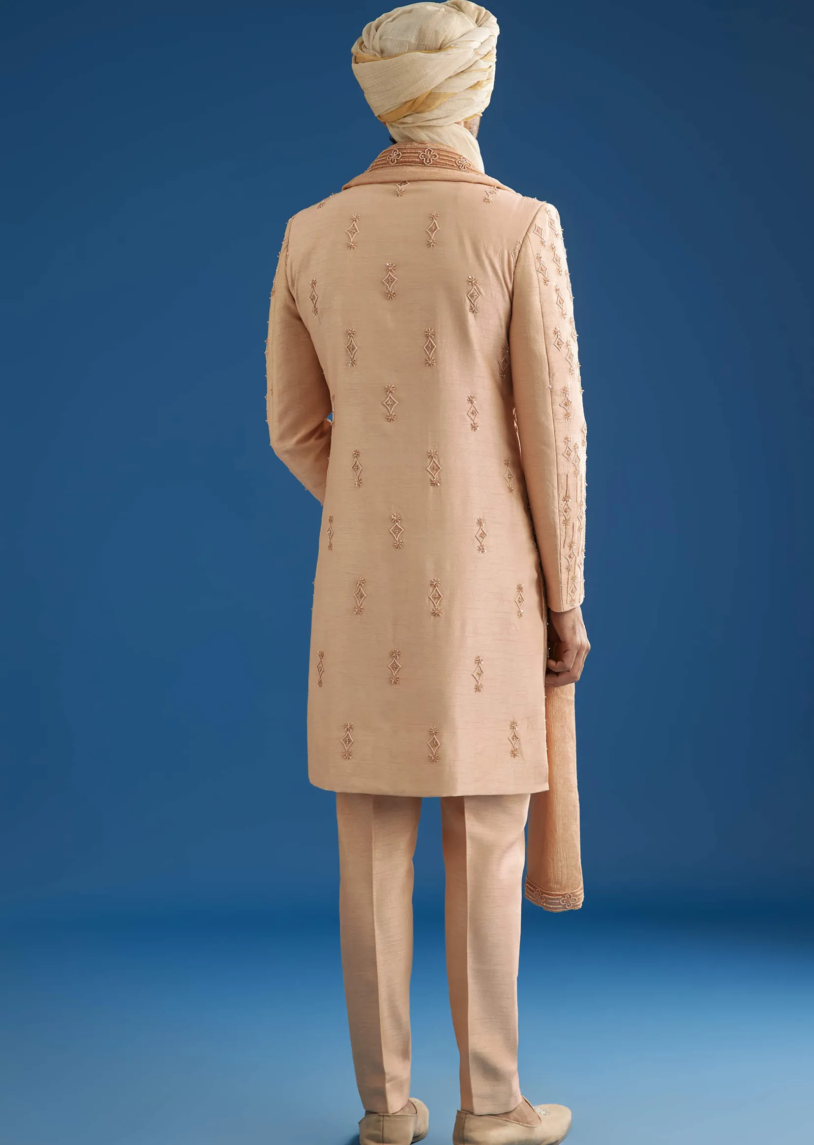 Natural Beige Tissue Sherwani Dupatta Set With Cutdana And Crystal Work