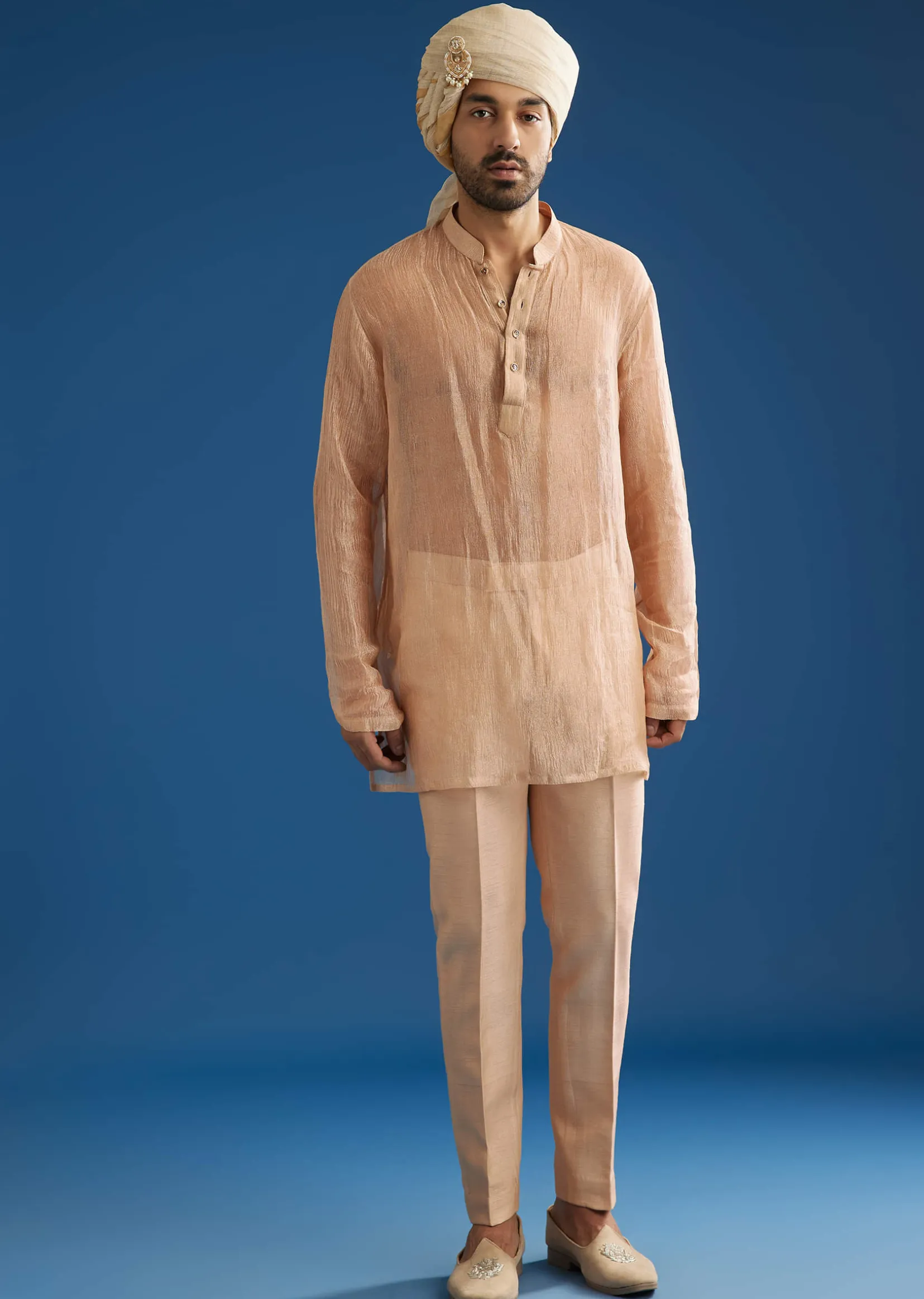 Natural Beige Tissue Sherwani Dupatta Set With Cutdana And Crystal Work