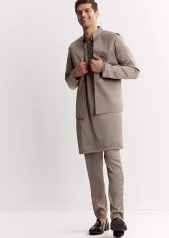 Natural Linen Kurta Jacket Set With Mandarin Collar