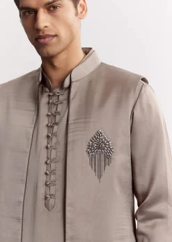 Natural Linen Kurta Jacket Set With Mandarin Collar