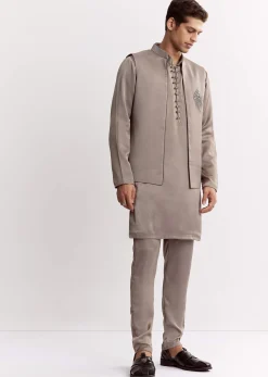 Natural Linen Kurta Jacket Set With Mandarin Collar