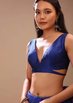 Nautical Blue Blouse In Raw Silk With Plunging V Neckline And Side Cut Outs