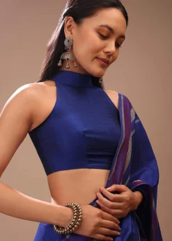 Nautical Blue Blouse In Raw Silk With High Collar Halter Neckline And Back Zip Closure