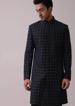 Navy Blue Achkan Set With Mirror And Cut Dana Embroidery