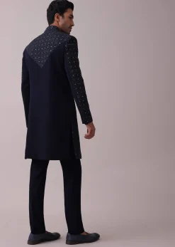 Navy Blue Achkan Set With Mirror And Cut Dana Embroidery