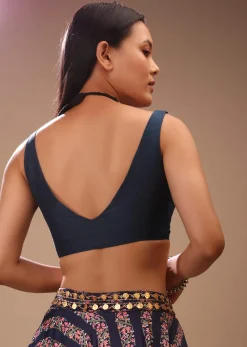 Navy Blue Blouse In Tussar Silk With Plunging Neckline And Front Hook Closure