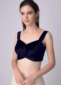 Navy blue Blouse In Velvet With Sweetheart Neckline And Curved Hem