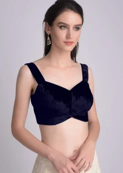 Navy blue Blouse In Velvet With Sweetheart Neckline And Curved Hem
