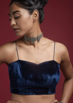 Navy Blue Blouse In Velvet With Spaghetti Straps On The Shoulders