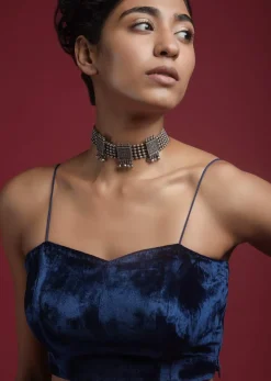 Navy Blue Blouse In Velvet With Spaghetti Straps On The Shoulders