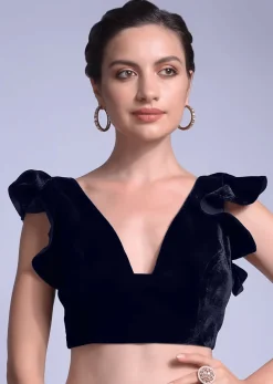 Navy Blue Blouse In Velvet With A Trapeze Neck And Ruffle Sleeves
