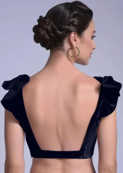 Navy Blue Blouse In Velvet With A Trapeze Neck And Ruffle Sleeves