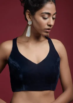 Navy Blue Blouse In Velvet With Halter Straps And Sweetheart Neckline