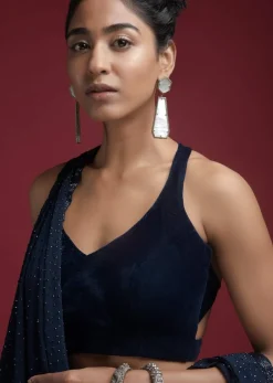 Navy Blue Blouse In Velvet With Halter Straps And Sweetheart Neckline