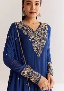Navy Blue Chinon Anarkali Set With Cutdana Moti And Gotta Lace Dupatta