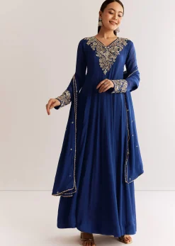 Navy Blue Chinon Anarkali Set With Cutdana Moti And Gotta Lace Dupatta