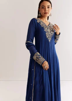 Navy Blue Chinon Anarkali Set With Cutdana Moti And Gotta Lace Dupatta
