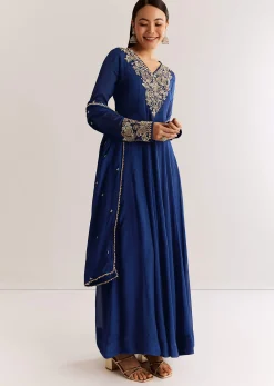 Navy Blue Chinon Anarkali Set With Cutdana Moti And Gotta Lace Dupatta