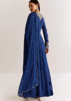Navy Blue Chinon Anarkali Set With Cutdana Moti And Gotta Lace Dupatta
