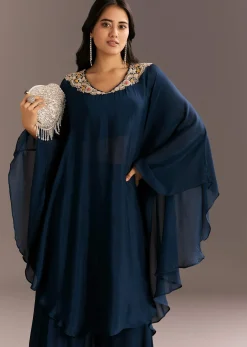 Navy Blue Chinon Cape Style Kurta With Zardosi Neckline