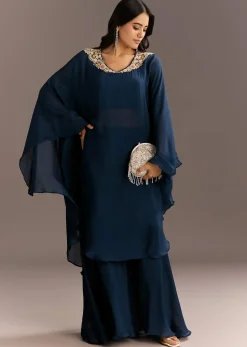 Navy Blue Chinon Cape Style Kurta With Zardosi Neckline