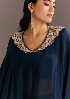 Navy Blue Chinon Cape Style Kurta With Zardosi Neckline
