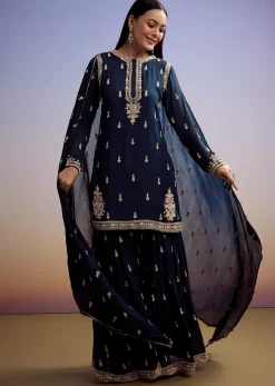 Navy Blue Chinon Sharara Suit With Cut Dana And Sequins Work
