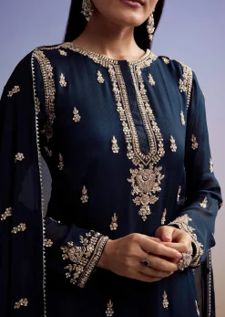 Navy Blue Chinon Sharara Suit With Cut Dana And Sequins Work