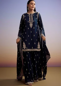 Navy Blue Chinon Sharara Suit With Cut Dana And Sequins Work