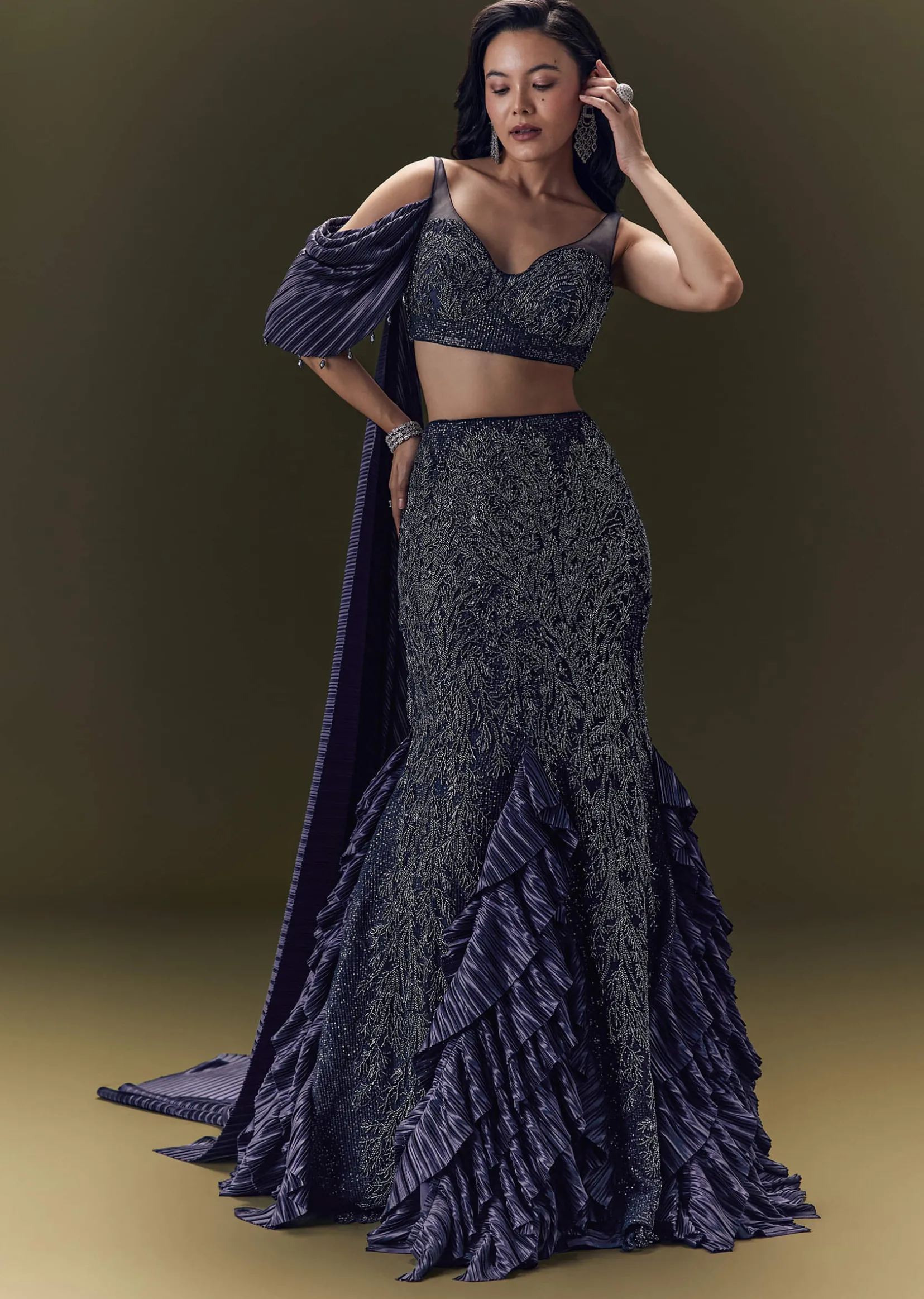 Navy Blue Crepe Ensemble With Pleated Cape Blouse And Fish Cut Skirt