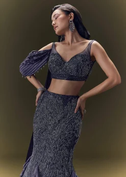Navy Blue Crepe Ensemble With Pleated Cape Blouse And Fish Cut Skirt