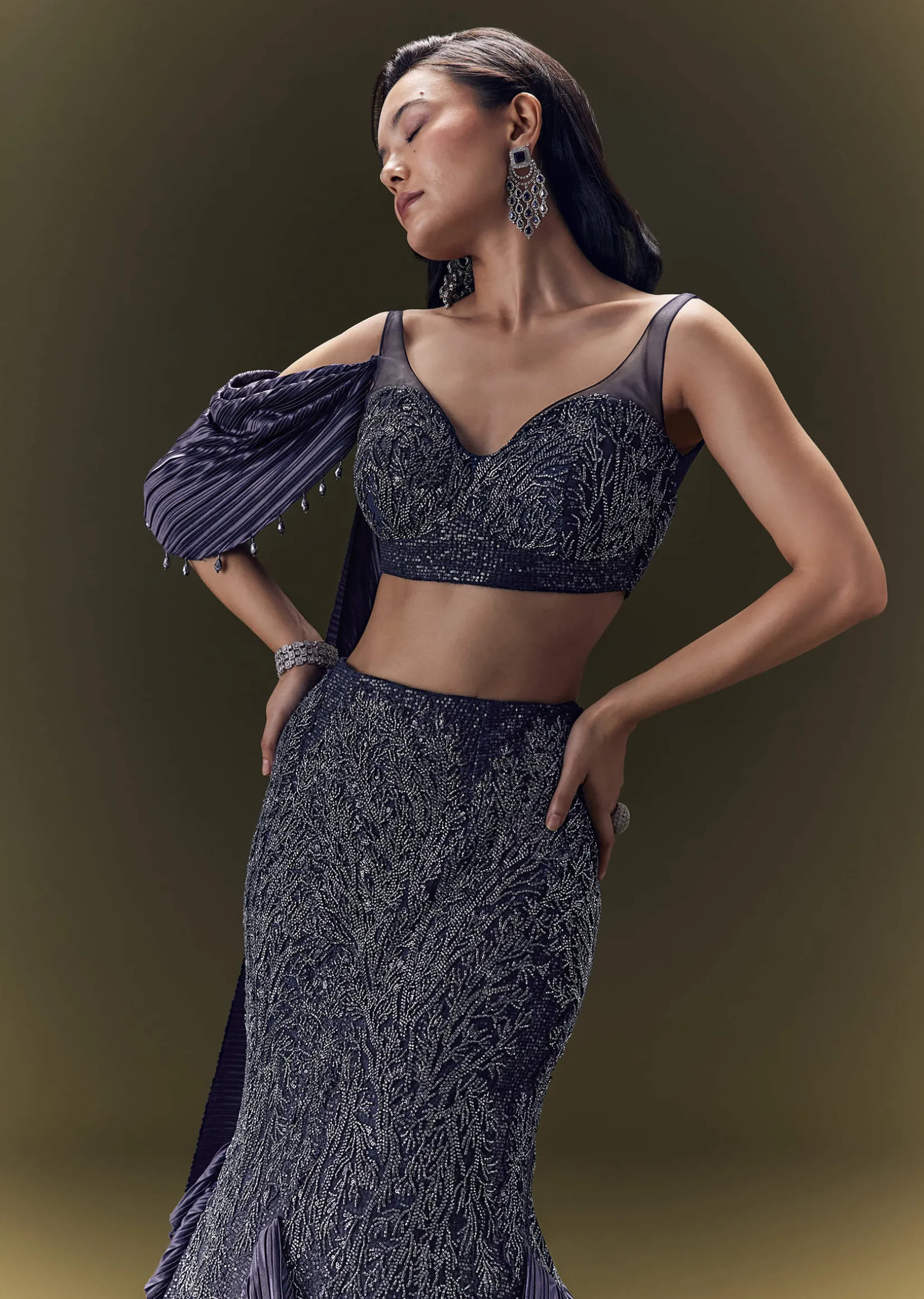 Navy Blue Crepe Ensemble With Pleated Cape Blouse And Fish Cut Skirt