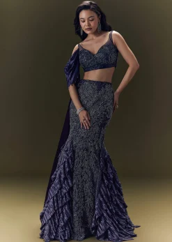 Navy Blue Crepe Ensemble With Pleated Cape Blouse And Fish Cut Skirt