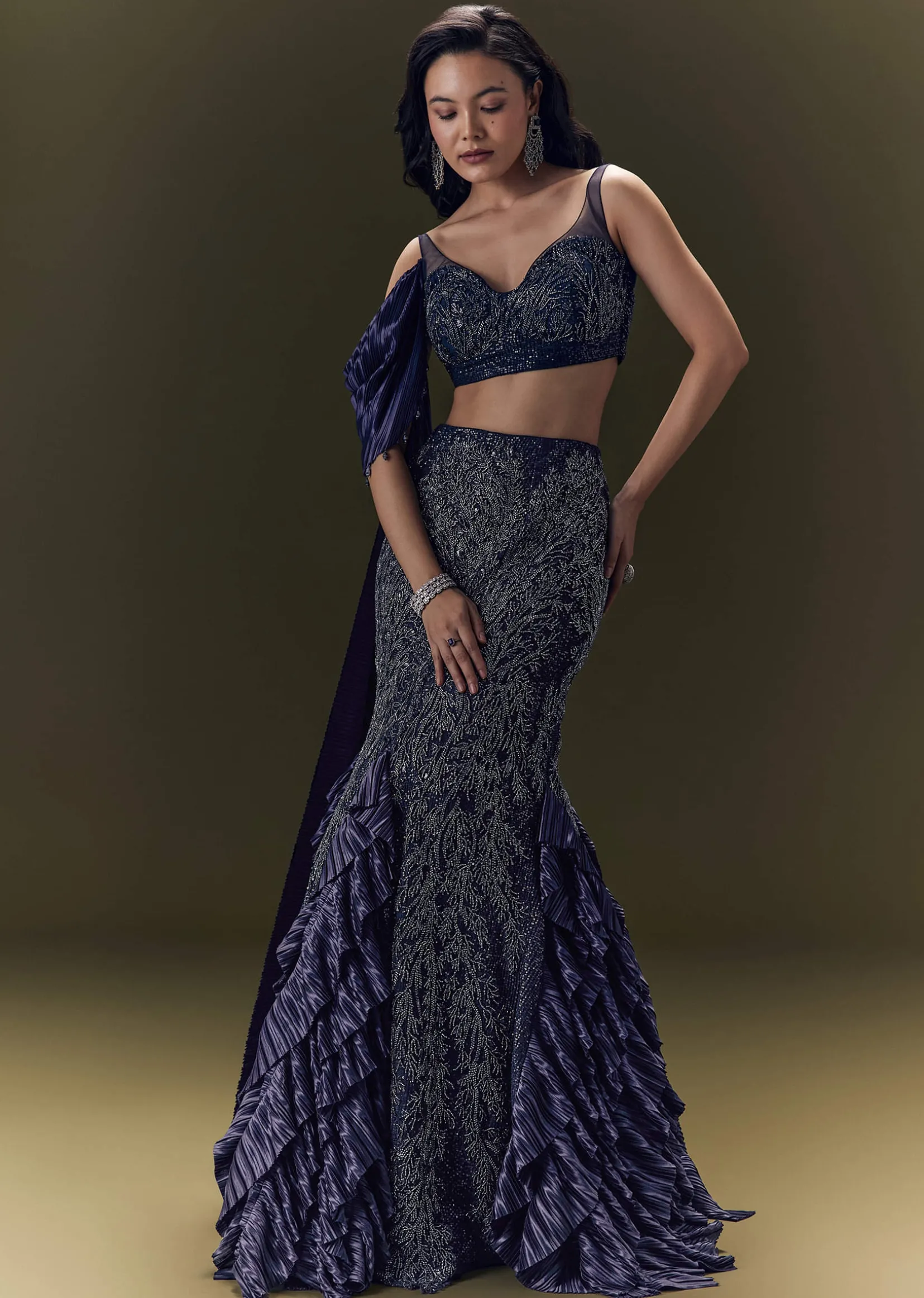 Navy Blue Crepe Ensemble With Pleated Cape Blouse And Fish Cut Skirt