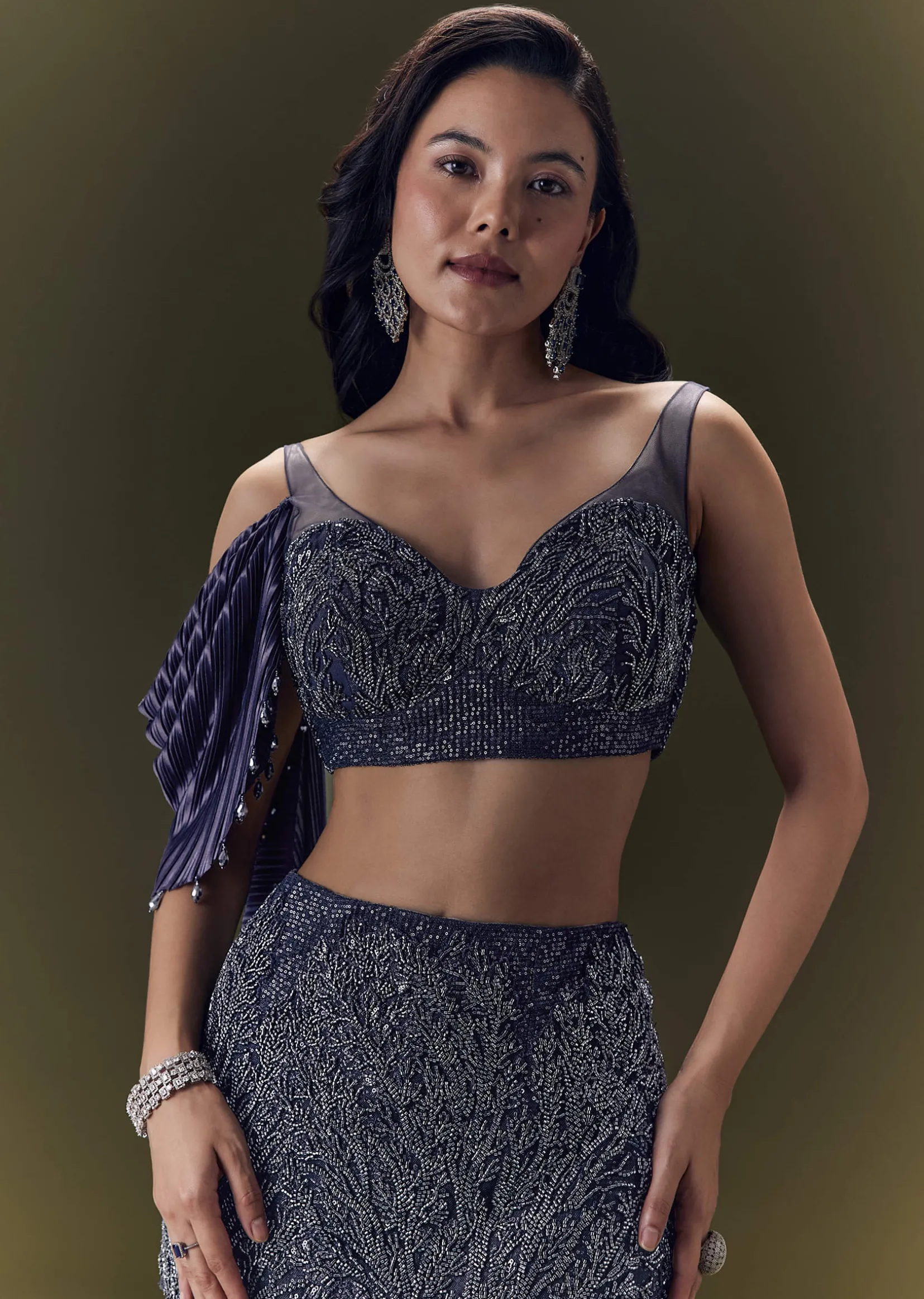 Navy Blue Crepe Ensemble With Pleated Cape Blouse And Fish Cut Skirt