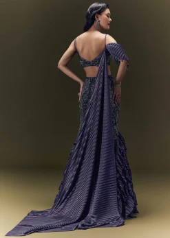 Navy Blue Crepe Ensemble With Pleated Cape Blouse And Fish Cut Skirt