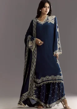 Navy Blue Crepe Moti Work Kurta With Printed Palazzo Dupatta